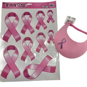 Breast Cancer Awareness Pink Ribbon Window Clings & Glitter Ribbon Visor